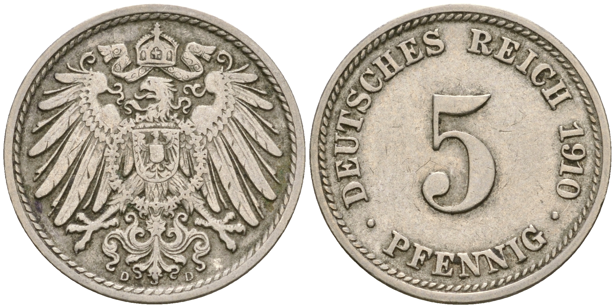 Германия 5 пфеннигов 1910 D, KM 11, J. 12 медно-никель 4364-3035