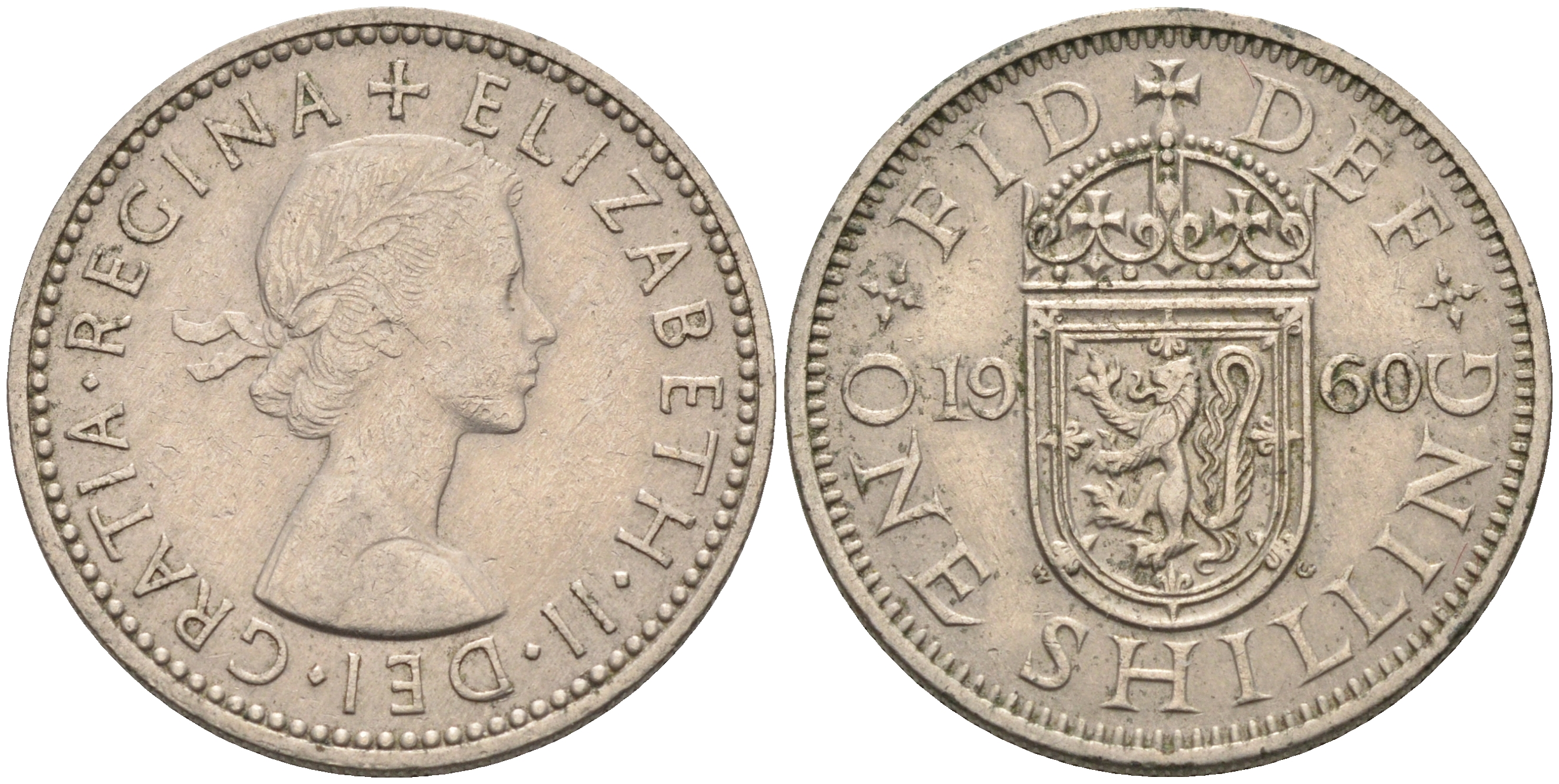 Великобритания 1 шиллинг 1960 Елизавета II (1952-2022), Шотландский герб KM 905, Spink 4148 медно-никель 4595-835