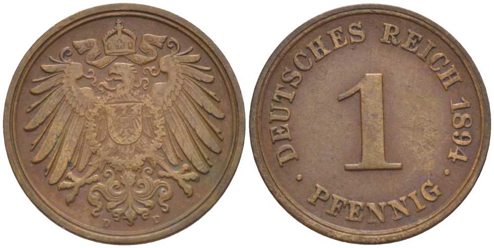 ГЕРМАНИЯ 1 ПФЕННИГ 1894 D KM 10, J. 10, Weege 2 медь 211-165