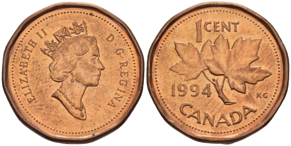 Канада 1 цент 1994 Елизавета II (1952-2022), кленовый лист KM 181 бронза 08-1446