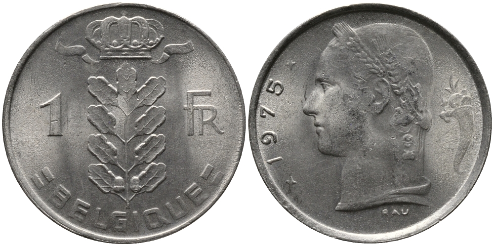 БЕЛЬГИЯ 1 ФРАНК 1975 BELGIQUE KM 142.1 медно-никель 98-616