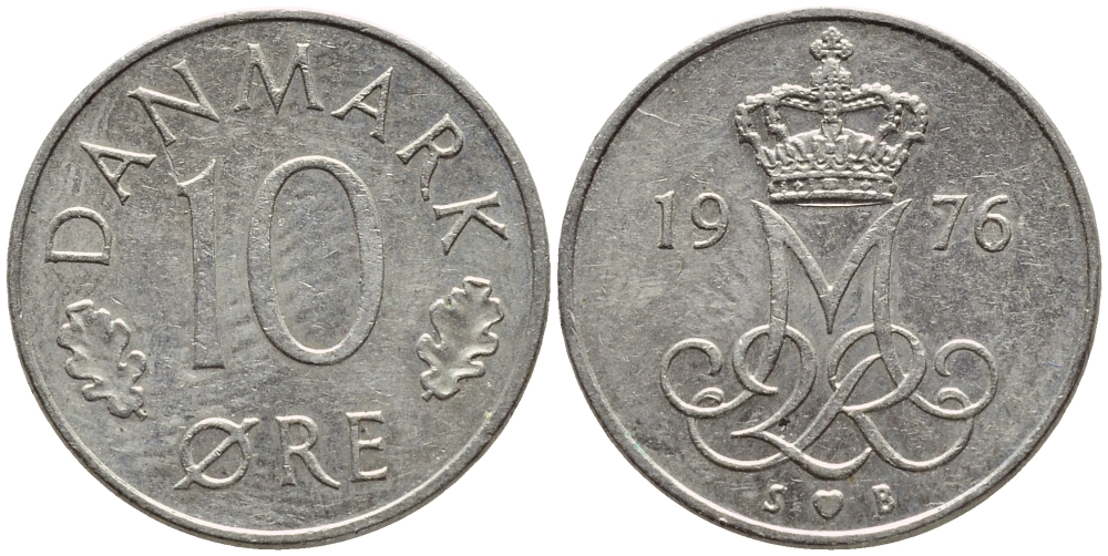 Дания 10 эре 1976 S; B, Маргрете II (1972- ) KM 860.1 медно-никель 4396-535