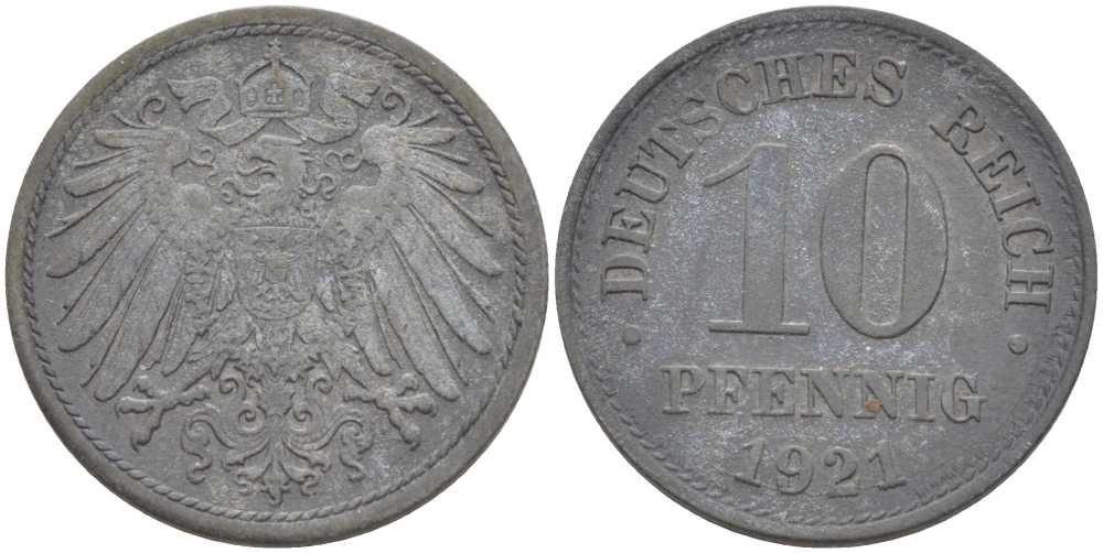 ГЕРМАНИЯ 10 ПФЕННИГОВ 1921 (1917-1922) KM 26, J. 299, Weege 8 цинк 210-244