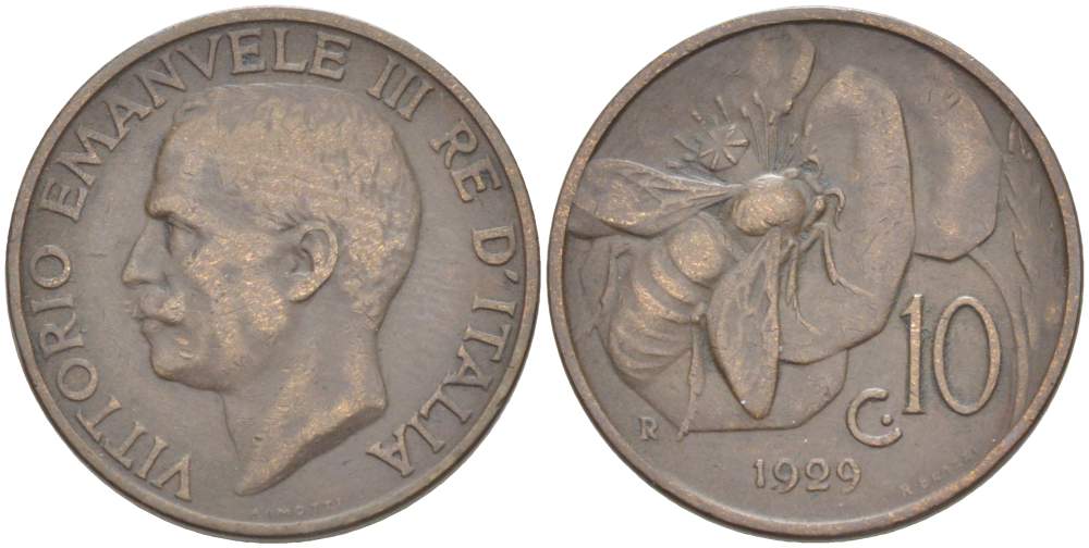 ИТАЛИЯ 10 ЧЕНТЕЗИМО 1929 R, МОНДВОР РИМ, ВИКТОР ЭММАНУИЛ III (1900-1946) KM 60 медь 4525-316