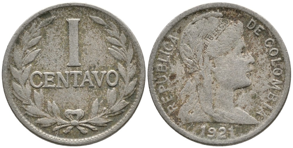 Колумбия 1 сентаво 1921 KM 275 медно-никель 4532-164
