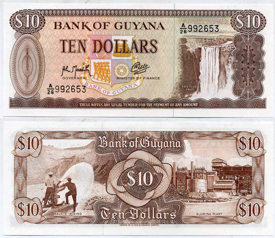 Гайана 10 долларов ND (1966-1992) водопад Кайетур Pick 23 f бумага UNC (пресс) 7548-90-2
