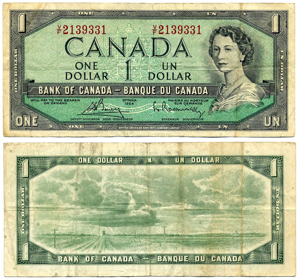 Канада 1 доллар 1954 подписи Bouey & Rasminsky, BABNC Pick 75c бумага 445-72-2-1