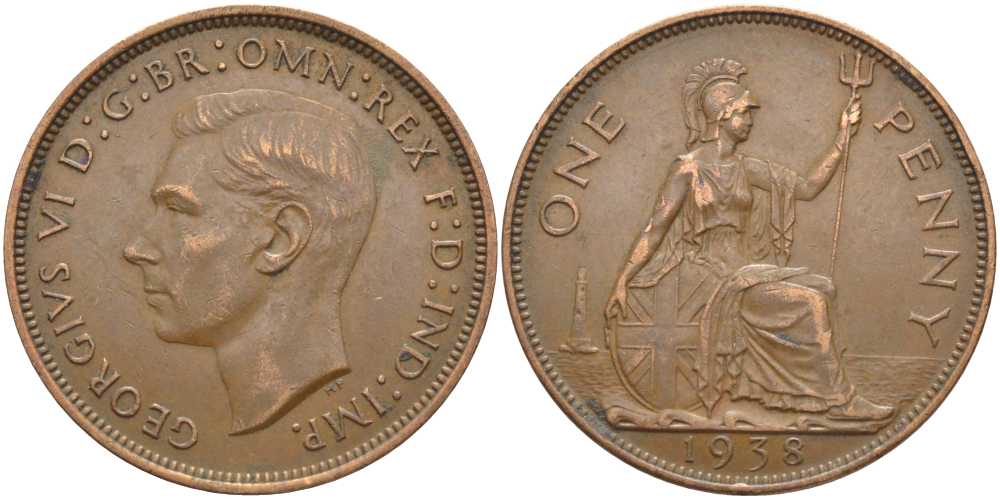 Великобритания 1 пенни 1938 Георг VI (1936-1952) КМ 845, Spink 4114 бронза 115-334