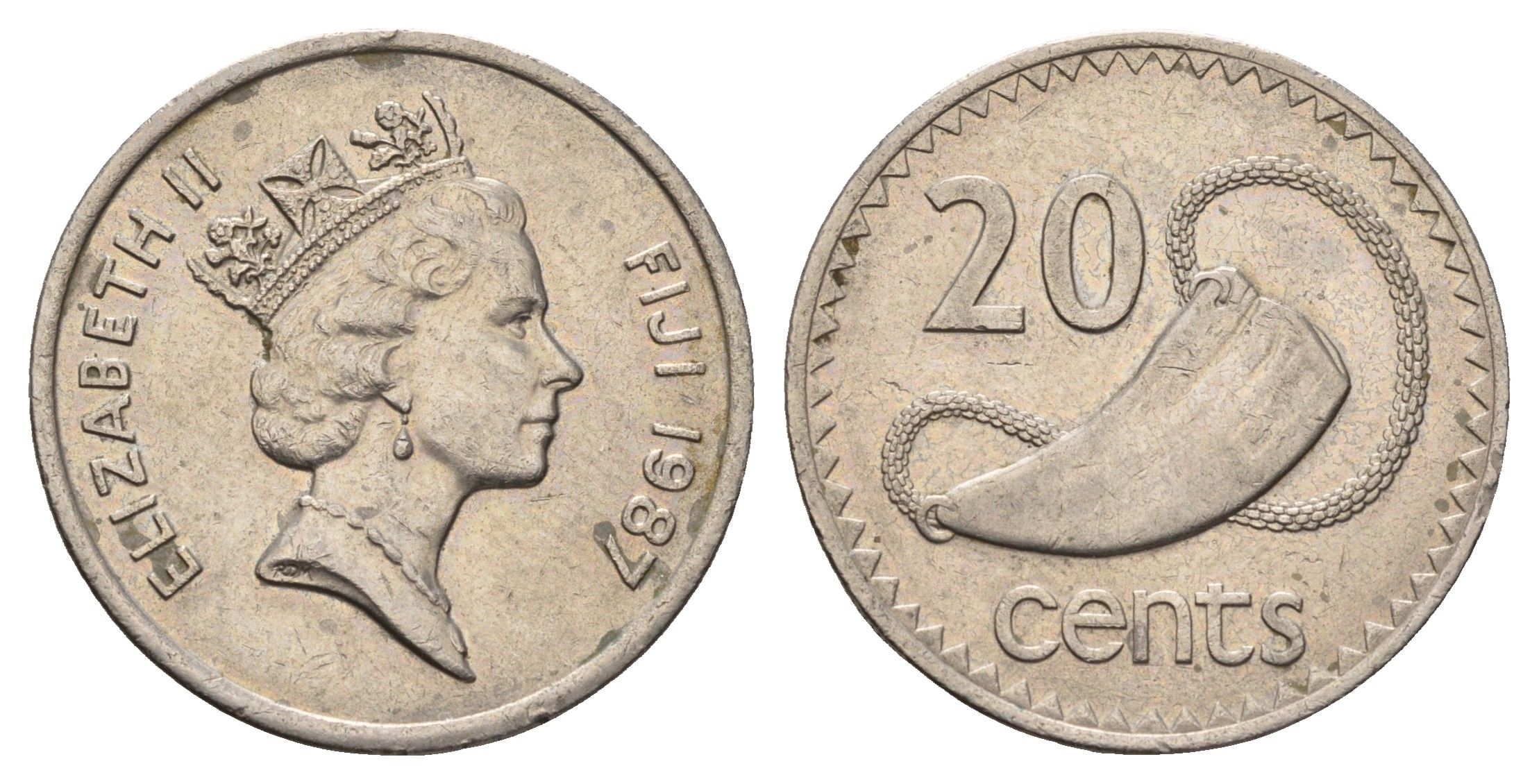 Фиджи 20 центов 1987 Елизавета II (1952-2022), китовый зуб KM 53 медно-никель aUNC 4545-1016