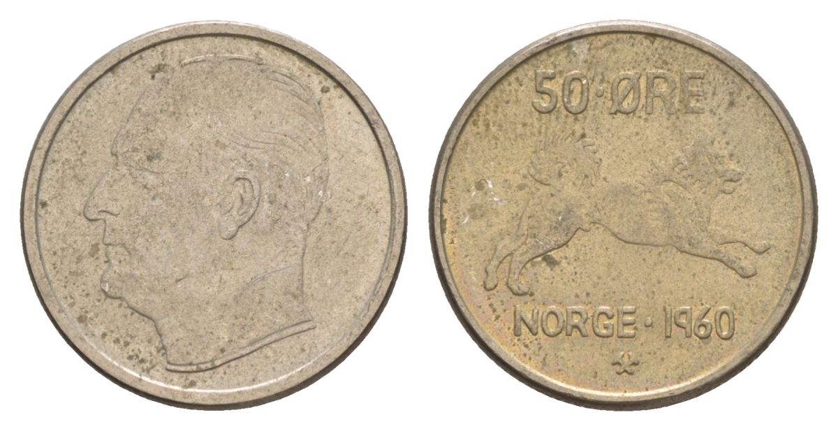 Норвегия 50 эре 1960 Улаф V (1957-1991) KM 408 медно-никель aUNC 4635-425