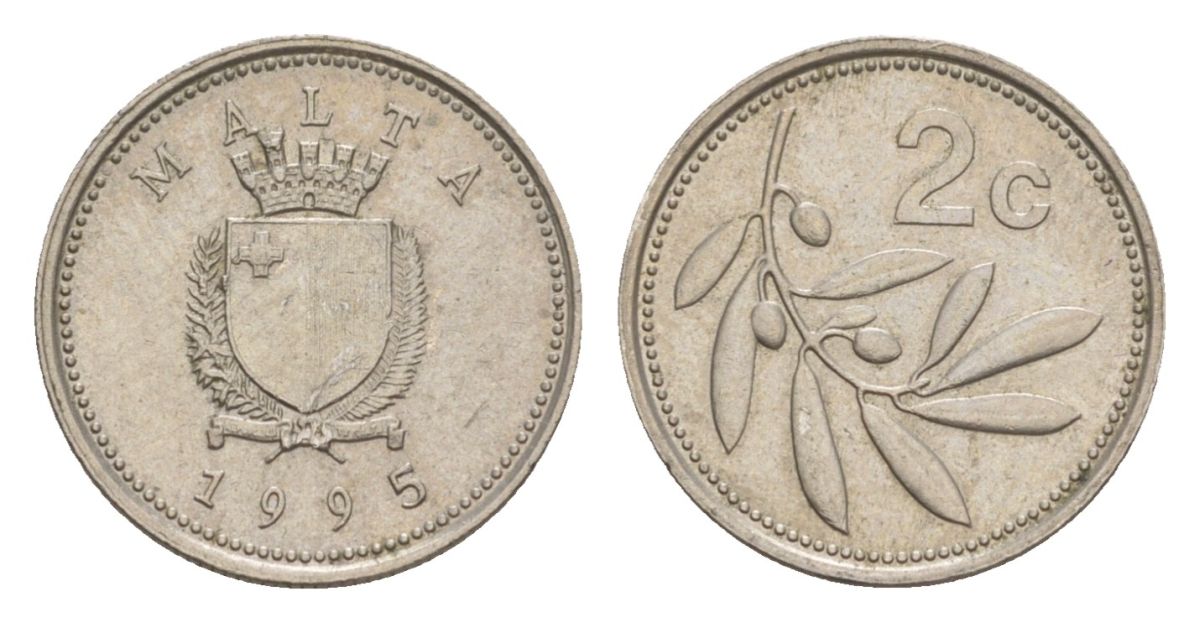 Мальта 2 цента 1995 оливковая ветвь KM 94 медно-никель 4632-856