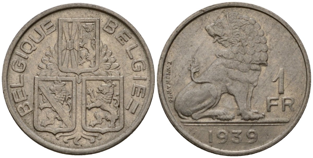 Бельгия 1 франк 1939 Belgique - Belgie KM 119 никель 4603-1233