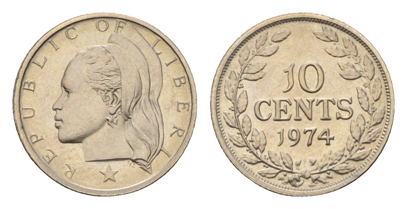 Либерия 10 центов 1974 KM 15a.2 медно-никель aUNC 4679-121
