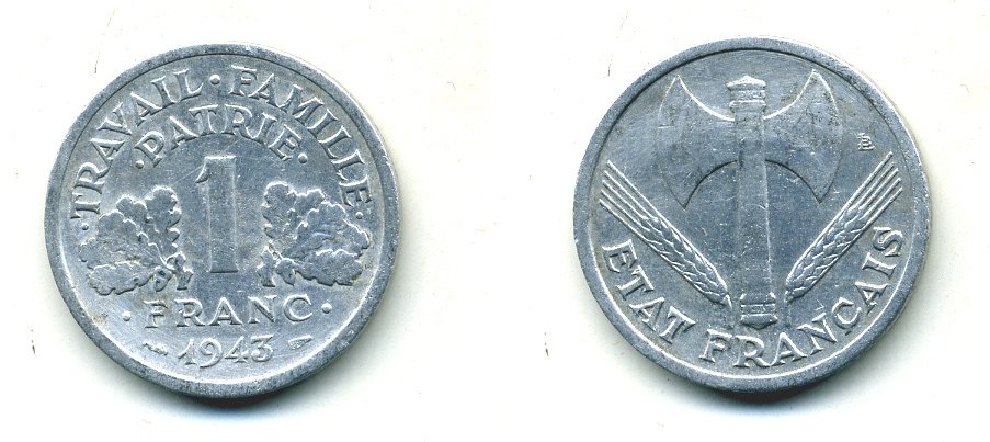 ФРАНЦИЯ 1 ФРАНК 1943 LB, ТИП LEGERE, ПРАВИТЕЛЬСТВО ВИШИ KM 902.1, LE FRANC 223.3 алюминий 23-1025