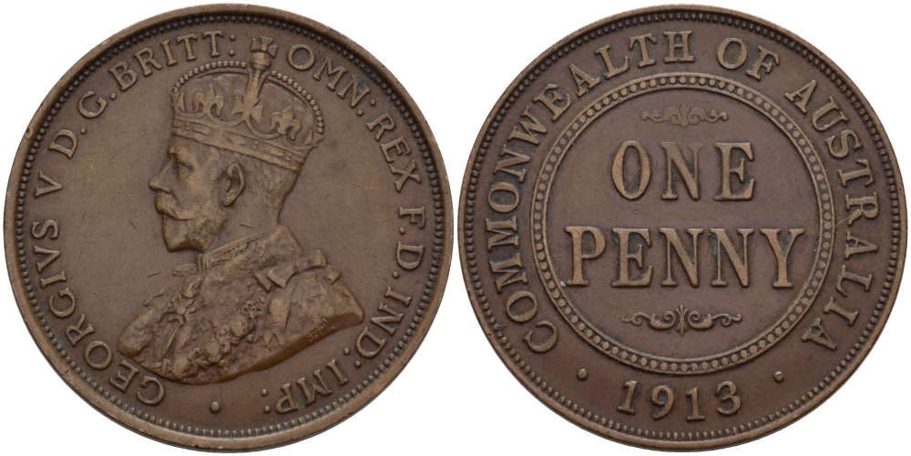 АВСТРАЛИЯ 1 ПЕННИ 1913 ГЕОРГ V KM 23 бронза 82-643