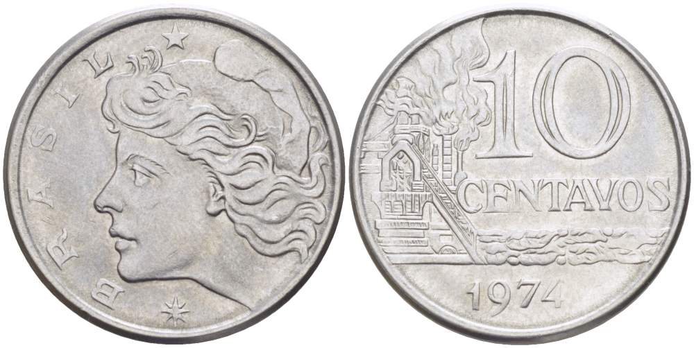 БРАЗИЛИЯ 10 СЕНТАВО 1974 KM 578.1а нержавеющая сталь 4529-355