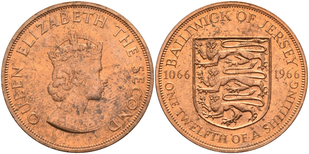 Джерси 1/12 шиллинга 1966 900 лет Нормандскому завоеванию KM 26 бронза UNC 4367-341