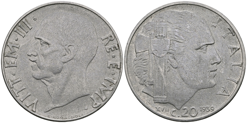 ИТАЛИЯ 20 ЧЕНТЕЗИМО 1939 R, ВИКТОР ИМАНУИЛ, XVII ГОД, НЕ МАГНИТНАЯ KM 75d нержавеющая сталь 98-131