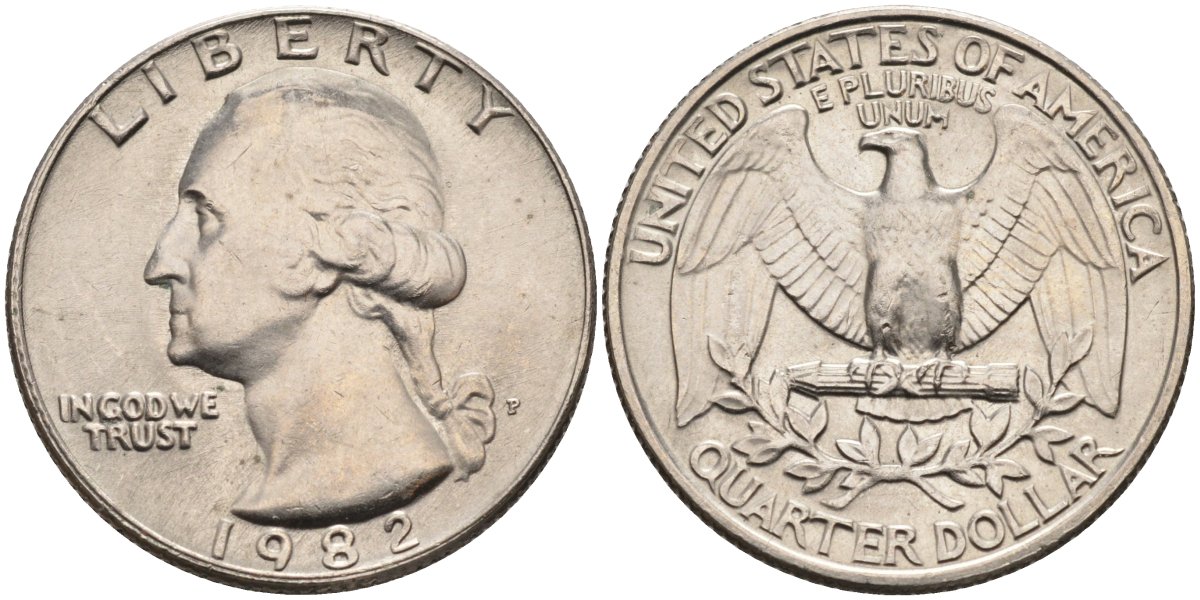США 25 центов = квотер 1982 P, Вашингтон KM A164a медь плакированная медно-никелем 4584-1144