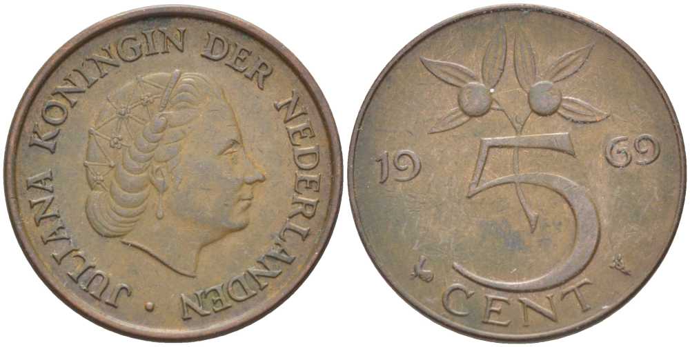 Нидерланды 5 центов 1969 Юлиана (1948-1980) KM 181 бронза 213-1053