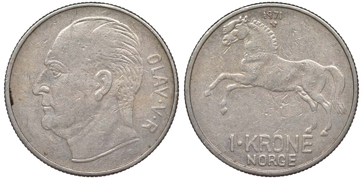 Норвегия 1 крона 1971 лошадь KM 409 медно-никель 25-2142