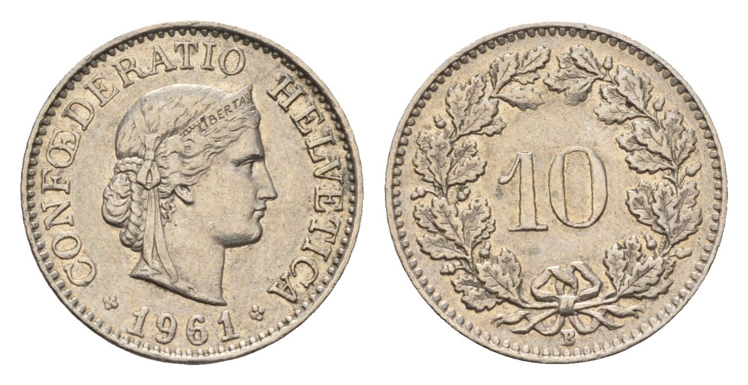 Швейцария 10 раппенов 1961 KM 27 медно-никель 4685-248