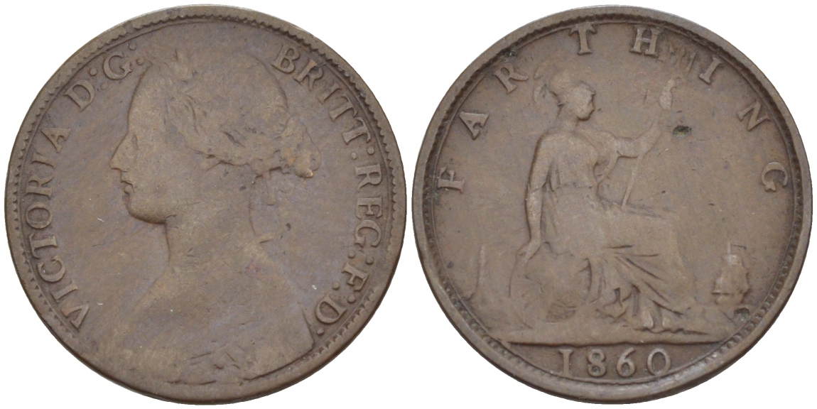 Великобритания 1 фартинг 1860 Виктория (1837-1901), зубчатая кайма KM 747.2, Spink 3958 бронза 4549-767