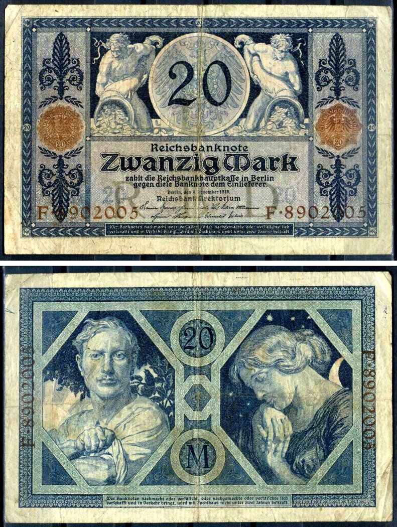 Германия 20 марок 1915 Pick 63 бумага 8617-34-2-1