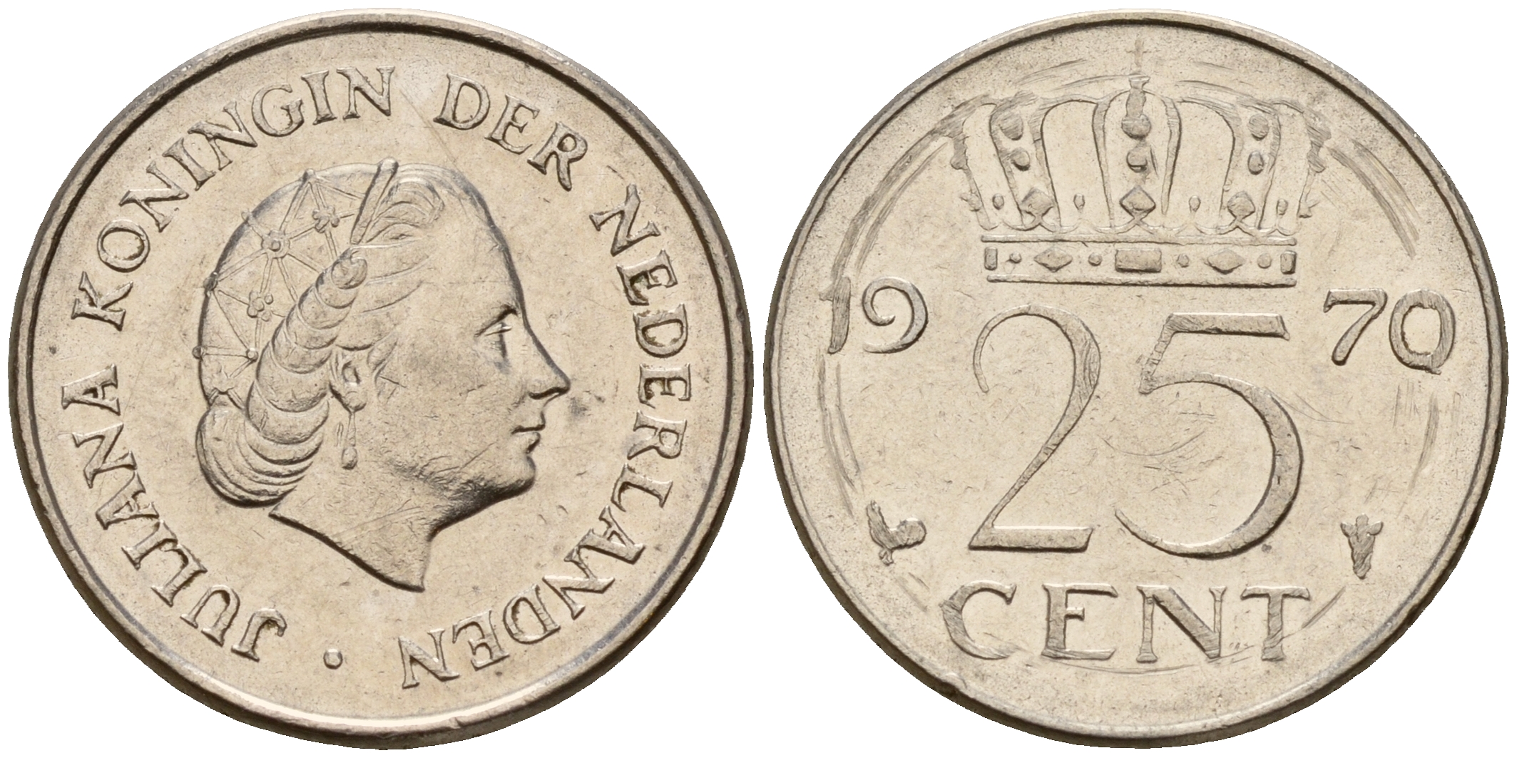 Нидерланды 25 центов 1970 Юлиана (1949-1980) KM 183 никель    4598-455