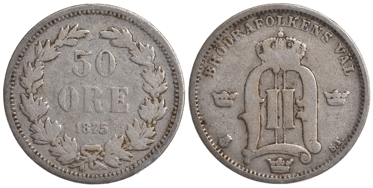Швеция 50 эре 1875 ST, Оскар II (1872-1907) король Швеции и Норвегии KM 740 серебро 4179-913