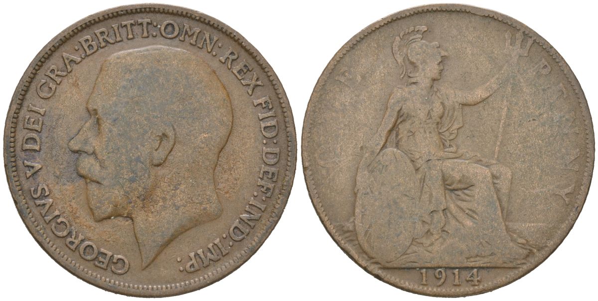 Великобритания 1 пенни 1914 Георг V (1910-1936) KM 810, Spink 4051 бронза 221-1246