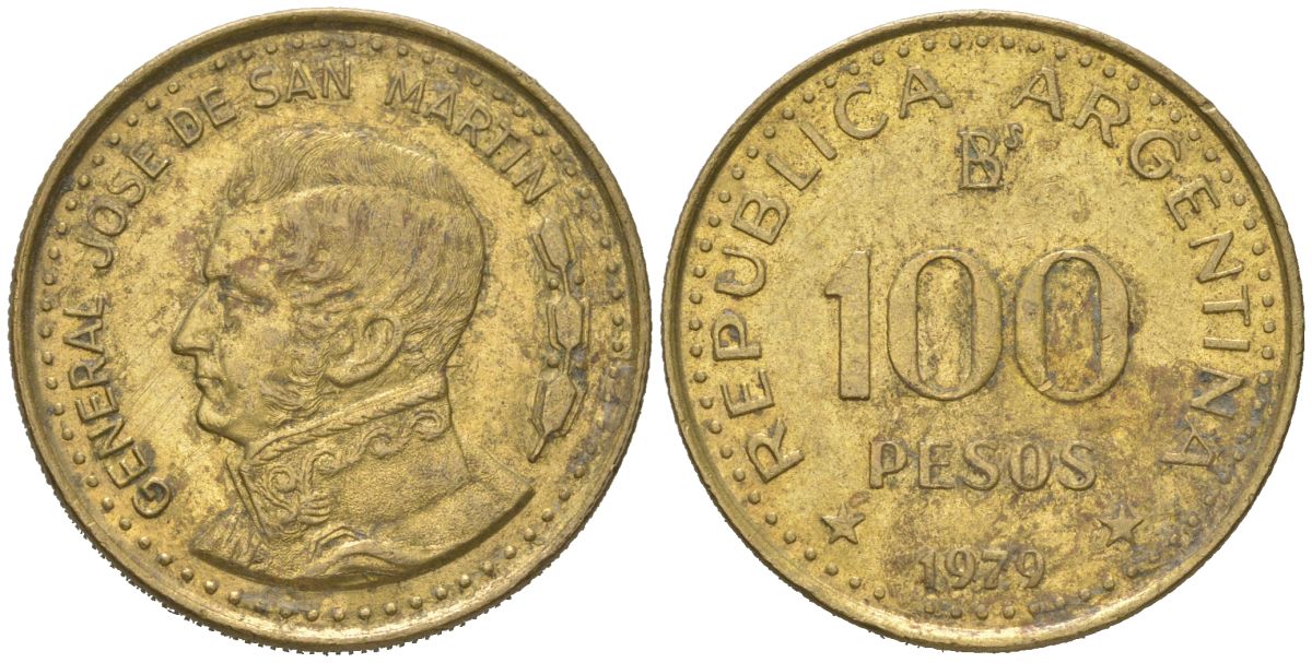 Аргентина 100 песо 1979 генерал Хосе де Сан Мартин KM 85 алюминиевая бронза 4616-1115