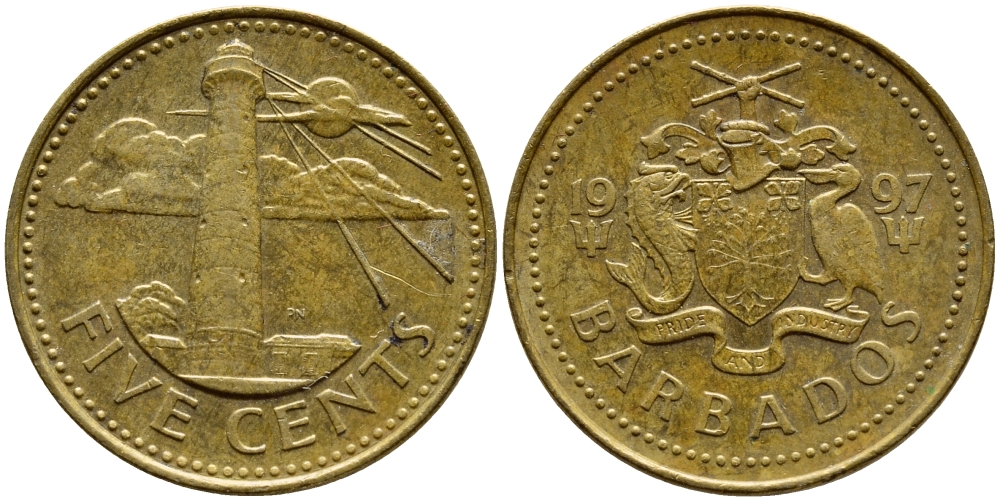 Барбадос 5 центов 1997 маяк Саут-Пойнт KM 11 латунь 4398-554