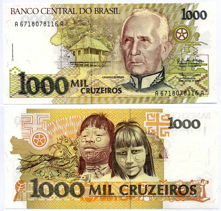 Бразилия 1000 крузейро ND (1990) серия A 6718, Кандиду Рондон Pick 231 a бумага UNC (пресс) 7487-34-2-1