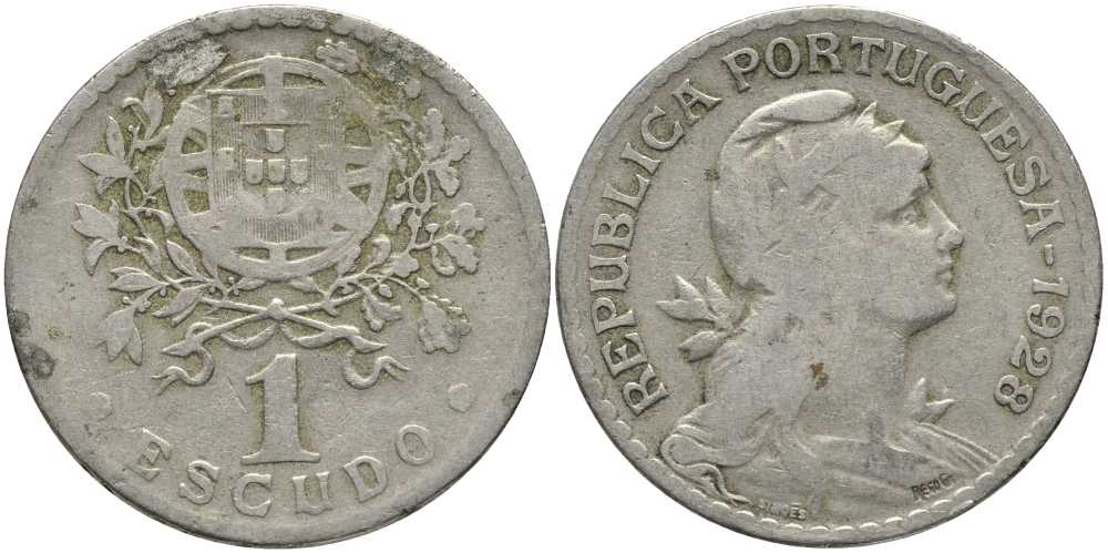ПОРТУГАЛИЯ 1 ЭСКУДО 1928 ГОЛОВА СВОБОДЫ ВПРАВО КМ 578 медно-никель 202-343