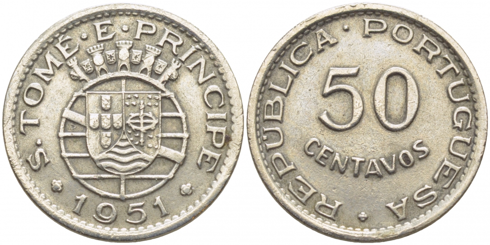 Португальское Сан-Томе и Принсипи 50 сентаво 1951 год тип KM 10 медно-никель 00-00-00