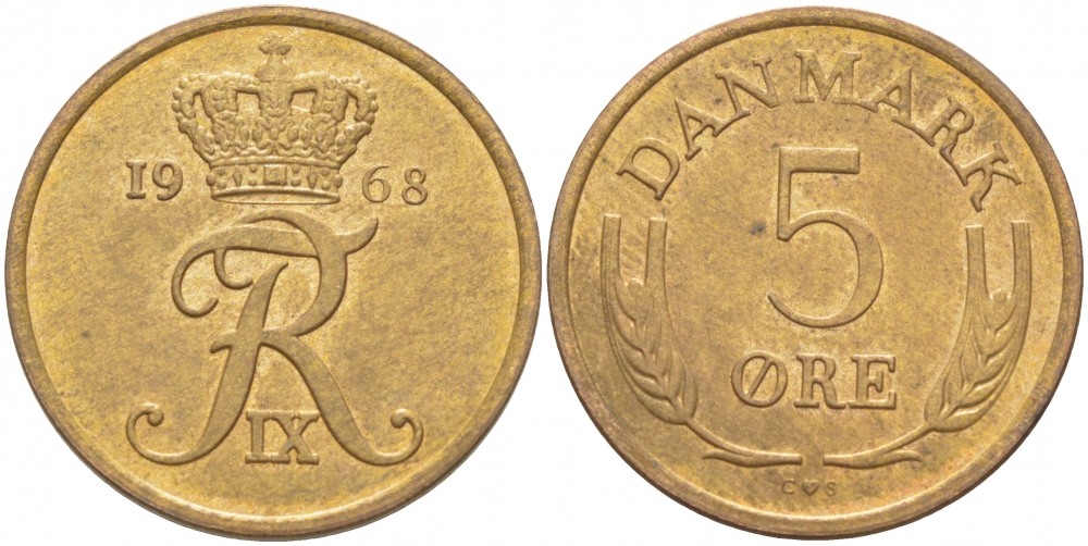 ДАНИЯ 5 ЭРЕ 1968 C; S, ФРЕДЕРИК IX (1947-1972) KM 848.1 бронза 87-1421