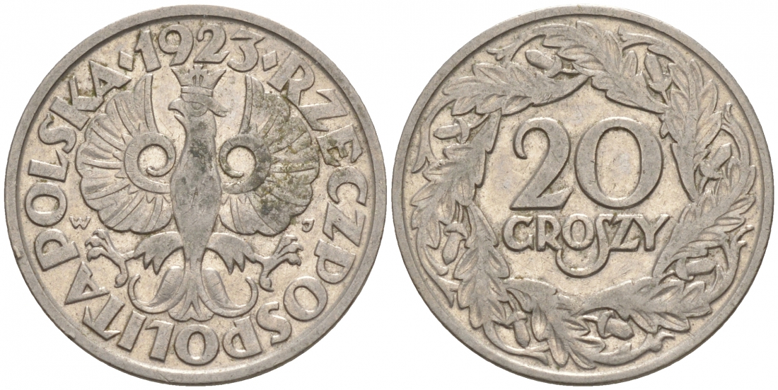 ПОЛЬША 20 ГРОШЕЙ 1923 KM 12 никель 3853-133