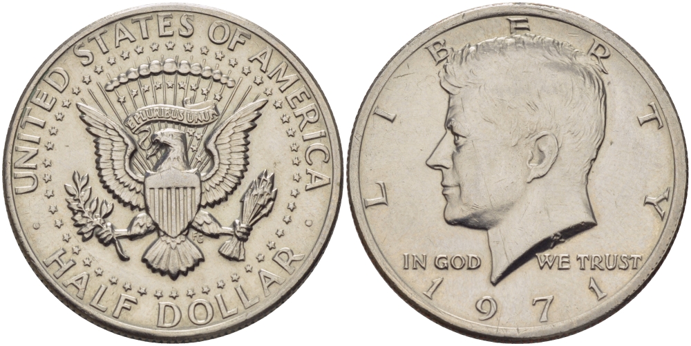 США 1/2 доллара (50 центов) 1971 Джон Кеннеди KM 202b медь плакированная медно-никелем 32-1211