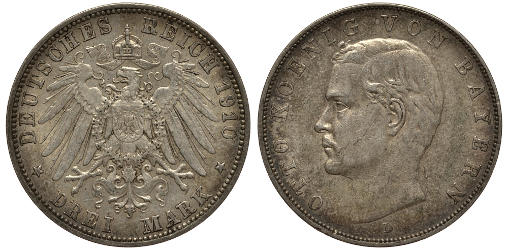 Бавария 3 марки 1910 Отто (1886-1913) Weege 45, J. 47, KM 515 серебро 3711-2012