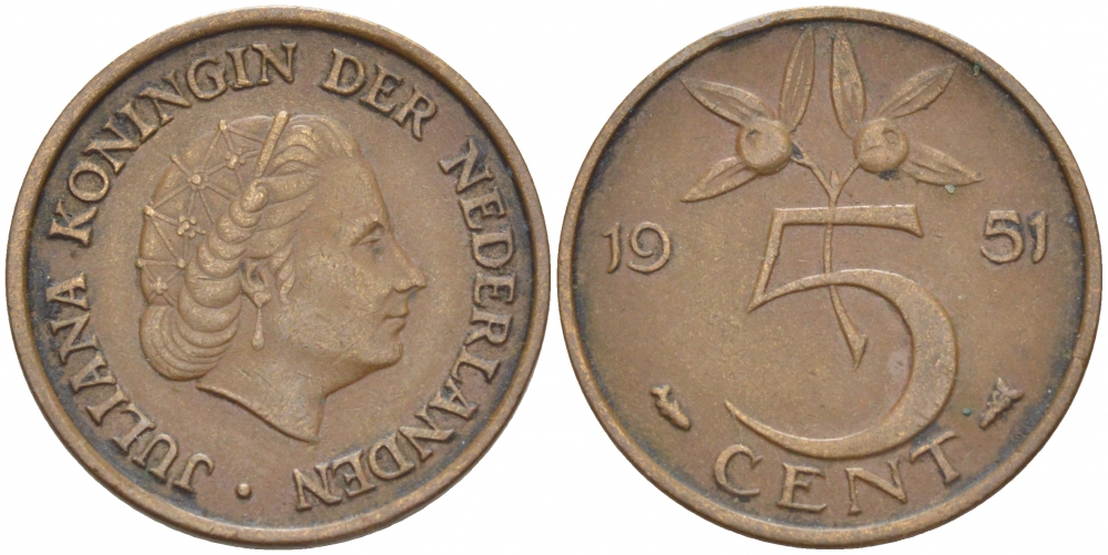 НИДЕРЛАНДЫ 5 ЦЕНТОВ 1951 ЮЛИАНА KM 181 бронза 214-765