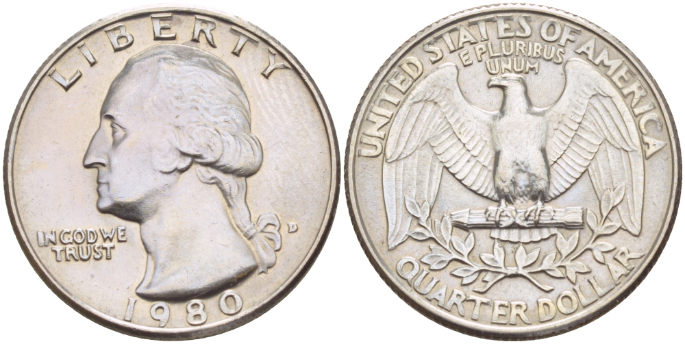 США 25 центов (квотер) 1980 D, Вашингтон KM А164а медь плакированная медно-никелем 4546-1257