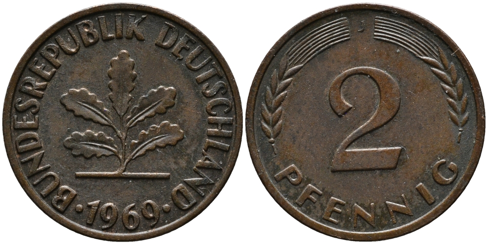 ФРГ 2 пфеннига 1969 J KM 106а, J.381а сталь плакированная медью 99-157
