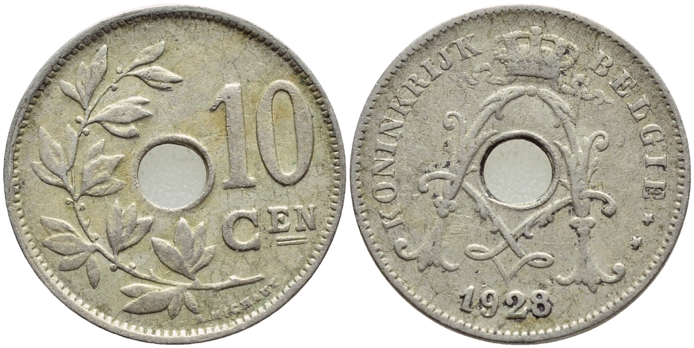 БЕЛЬГИЯ 10 САНТИМОВ 1928 BELGIE KM 86 медно-никель 4388-1133
