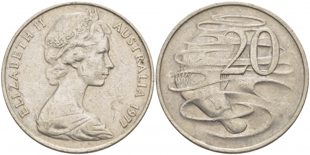 АВСТРАЛИЯ 20 ЦЕНТОВ 1977 ЕЛИЗАВЕТА II, МОЛОДОЙ ПОРТРЕТ, УТКОНОС KM 66 медно-никель 115-1012