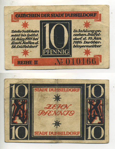 ДЮССЕЛЬДОРФ 10 ПФЕННИГОВ 1920 НОТГЕЛЬД 10 ЯНВАРЯ 1920 - 31 МАРТА 1921. ЗЕМЛЯ СЕВЕРНЫЙ РЕЙН-ВЕСТФАЛИЯ, Grabowski D.35.6 бумага 7222-20-3