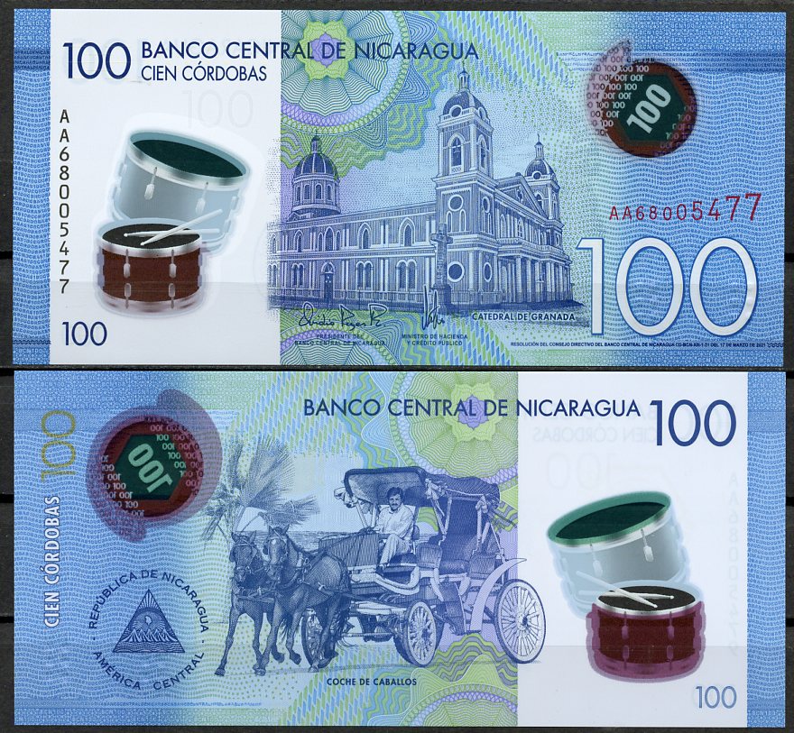 Никарагуа 100 кордоба 2021 кафедральный собор Гранады, повозка Pick 212 a  пластик  UNC (пресс) 449-80-2