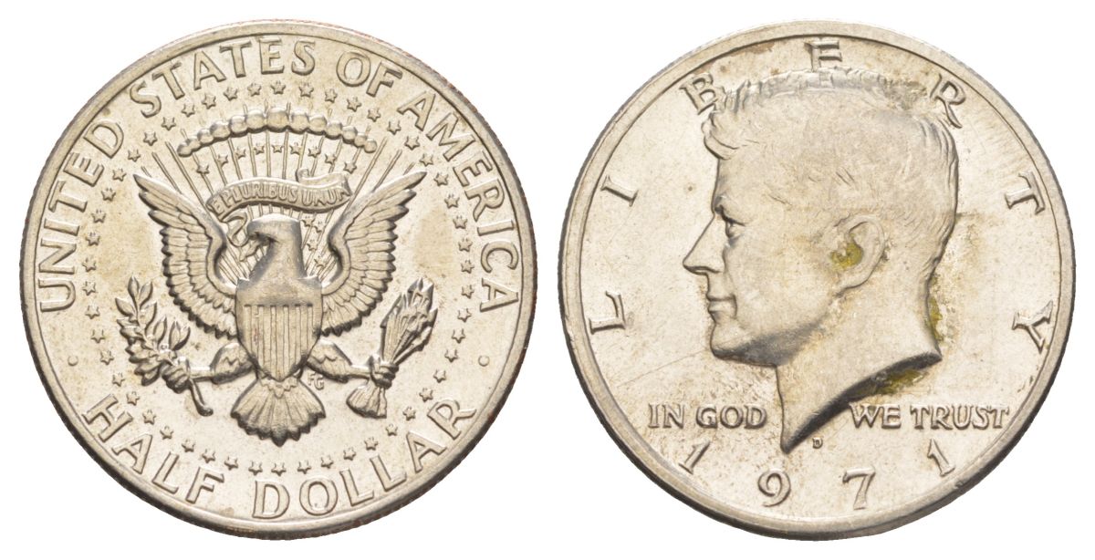 США 1/2 доллара (50 центов) 1971 D, Джон Кеннеди KM 202b медь плакированная медно-никелем aUNC 82-833