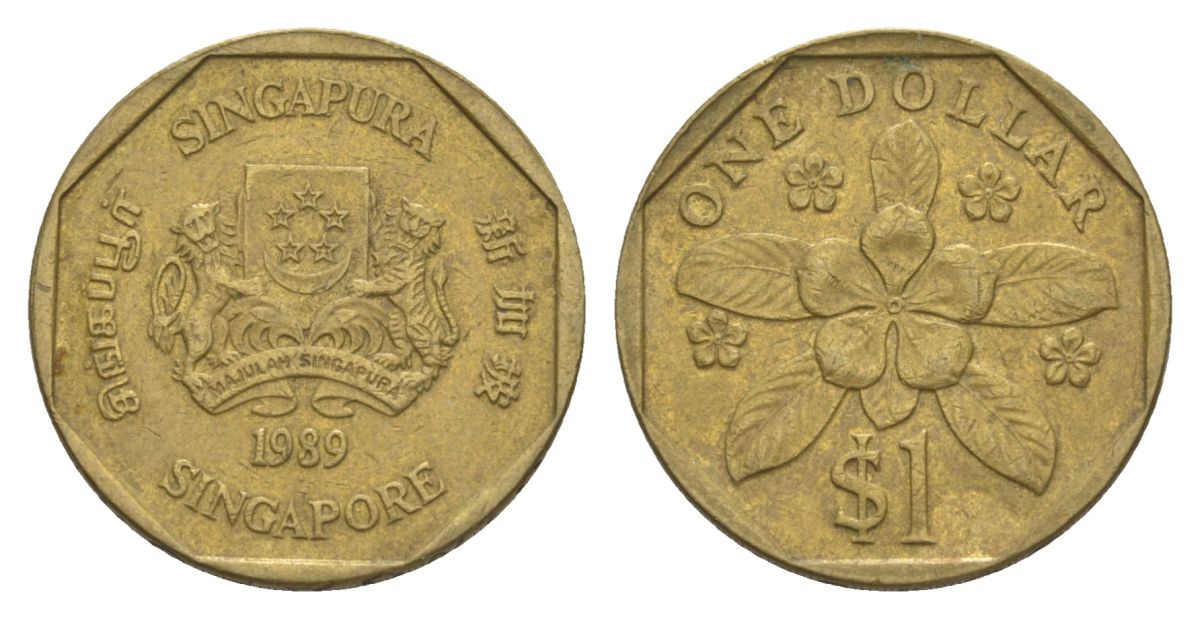 Сингапур 1 доллар 1989 барвинок KM 54b алюминиевая бронза 4633-235