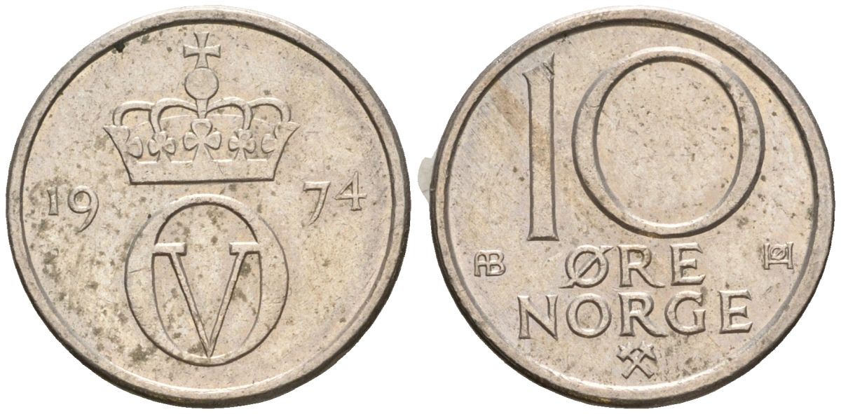 Норвегия 10 эре 1974 Улаф V (1958-1991) KM 416 медно-никель 4608-334